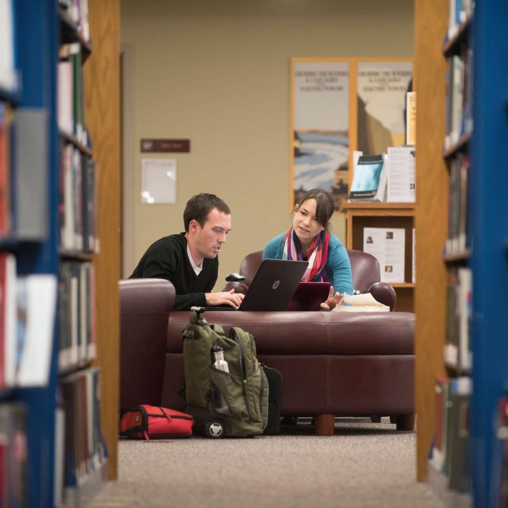 Two students collaborate on a project in Collins Memorial Library.