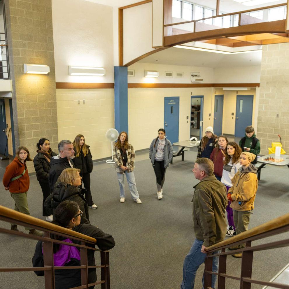 Students visit a former prison in Chehalis, WA.