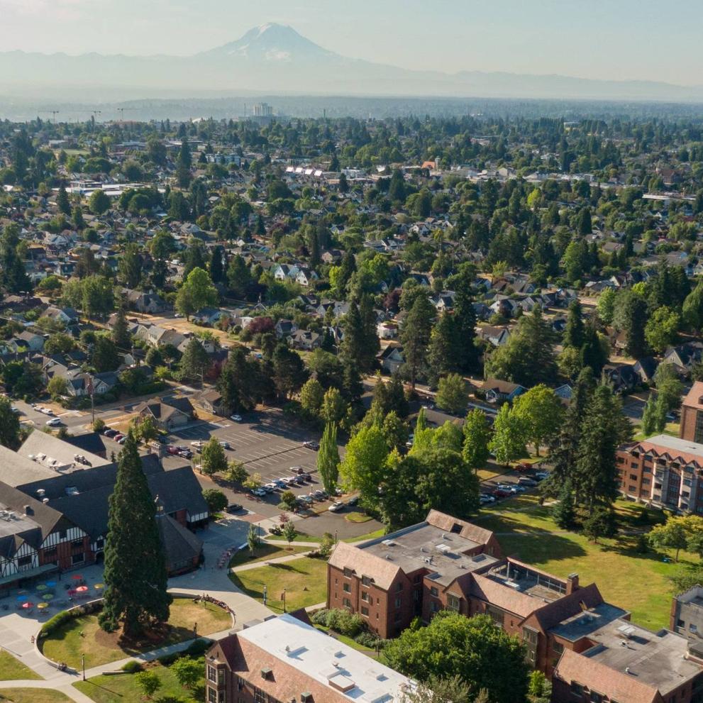 Aerial view of campus with Mount Rainier in the background