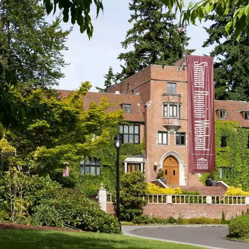 Jones Hall with the Summer Reunion Weekend banner on display