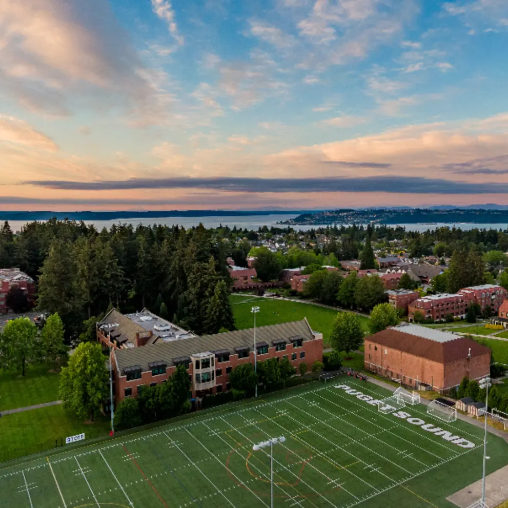 Aerial view of campus with Commencement Bay in the background