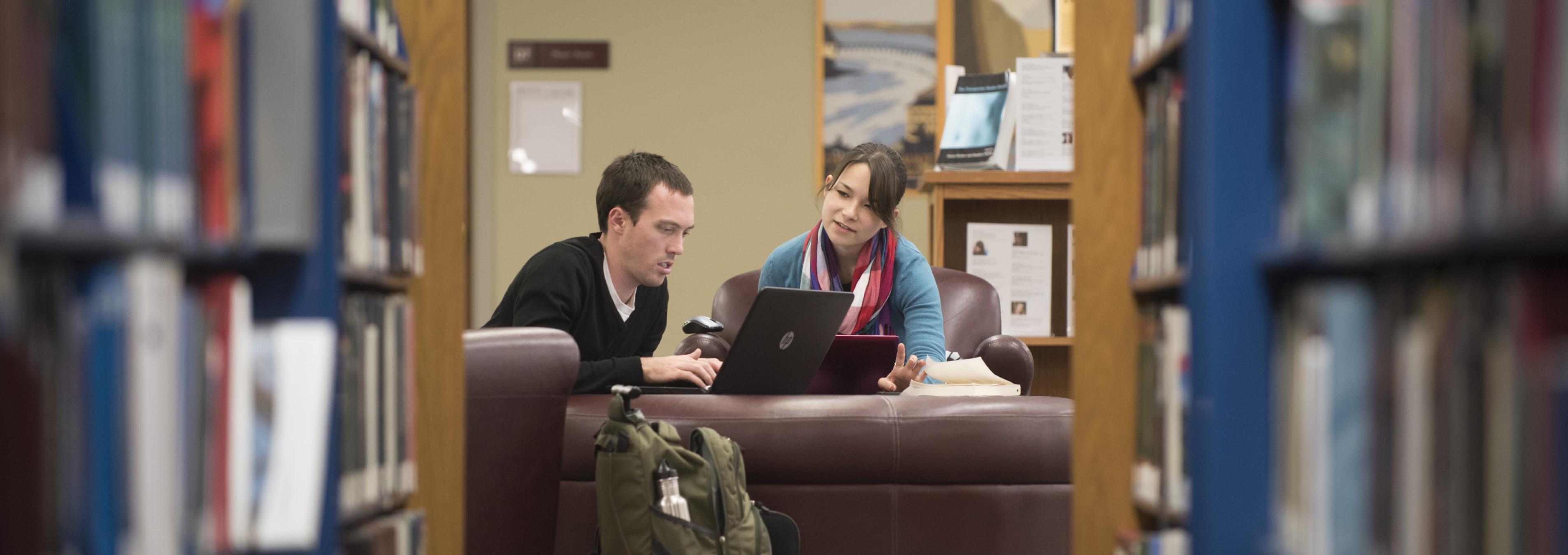Two students collaborate on a project in Collins Memorial Library.