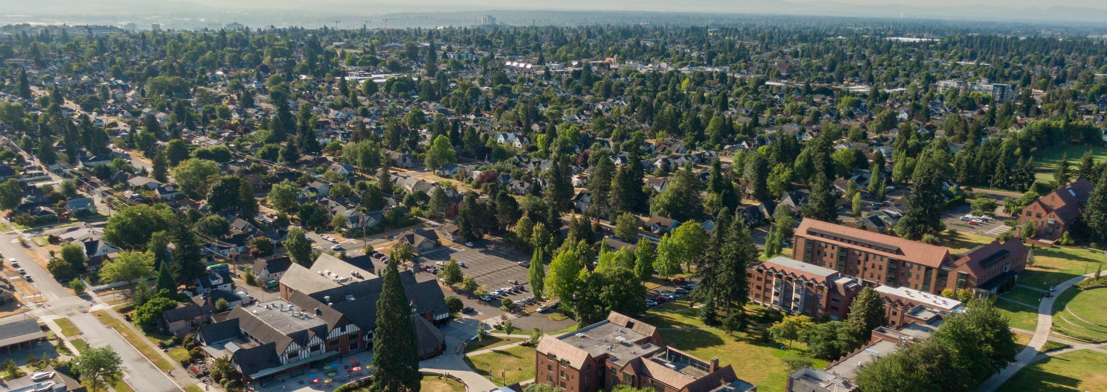 Aerial view of campus with Mount Rainier in the background