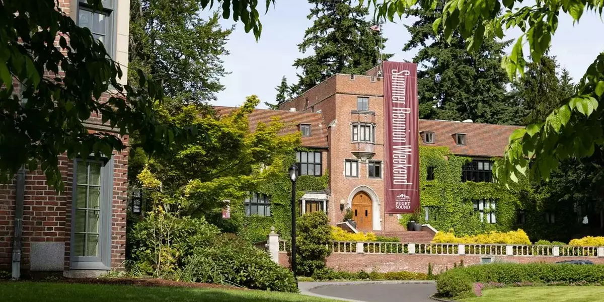 Jones Hall with the Summer Reunion Weekend banner on display