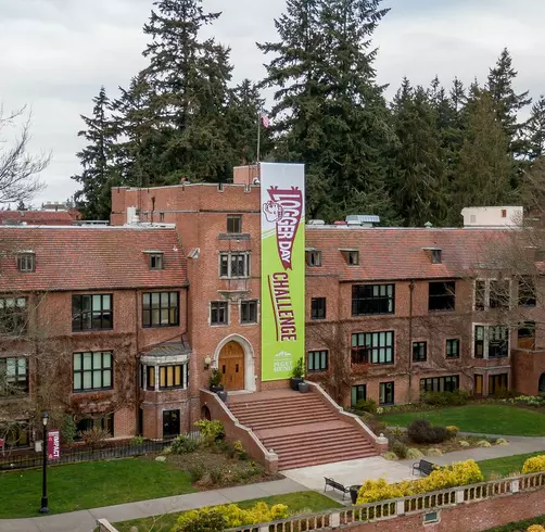 View of campus with Logger Day Challenge banner
