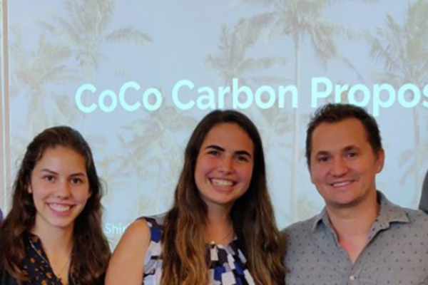 Ben Minges ’11, founder and CEO of Copra Coconut Water (center), with the winners of the 2019 Innovate!Create! entrepreneurship competition: Nick Eberhard ’22, Victoria Helmer ’22, Shirley Mazaltov-Ast ’22, and Kala`i Beck ’20.