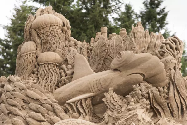 Detailed sand sculpture depicting sea life, created by Jeff Strong