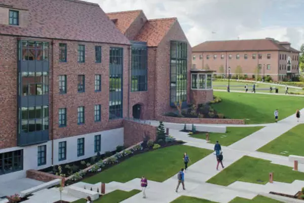 Aerial shot of brick buildings on campus