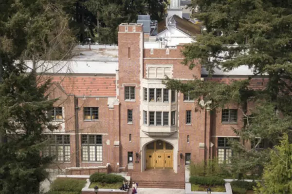 Aerial view of a brick building