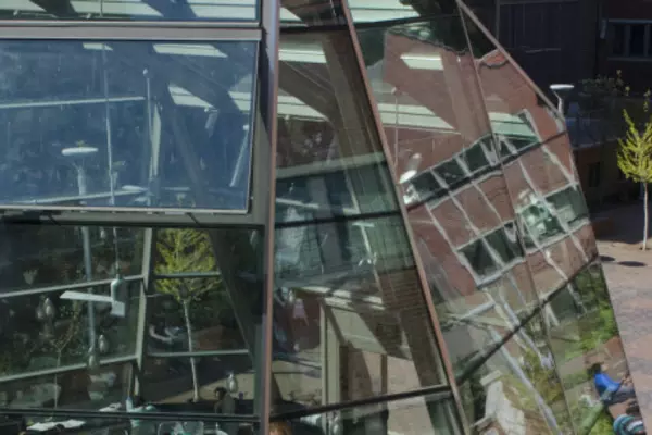 View looking down at a campus courtyard