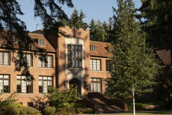 The front view of a brick building