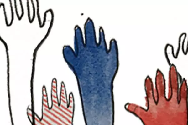 Illustration of many hands up in the air