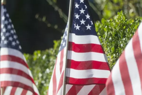 Close up of a row of American flags