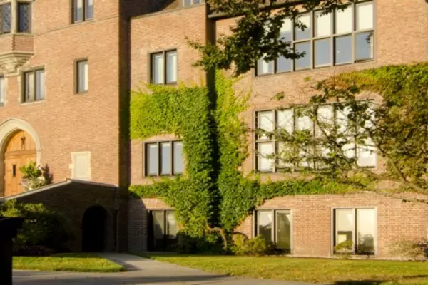 View of a brick building in golden sunlight