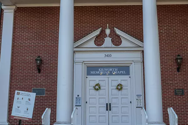 Image of Kilworth Chapel featuring the front entrance with stairs and pillars.