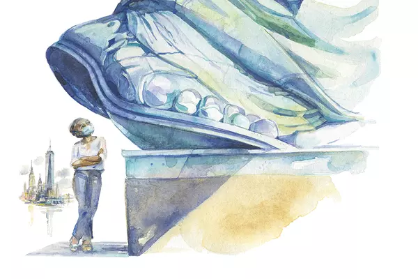 Illustration of the Statue of Liberty's foot poised above a young woman standing next to the monument