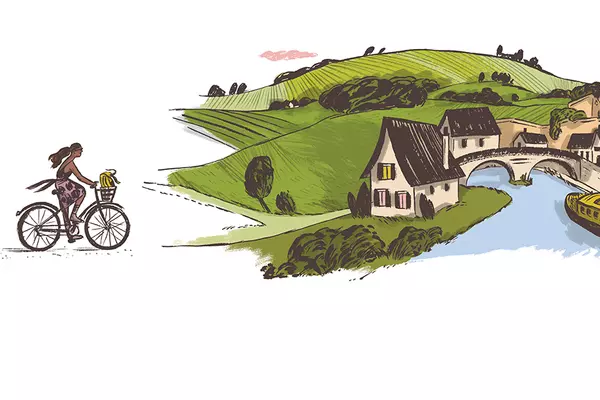 Illustration of two bike riders pedaling toward the French countryside