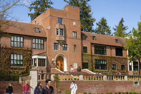 Front view of Jones Hall, a red brick building on campus.