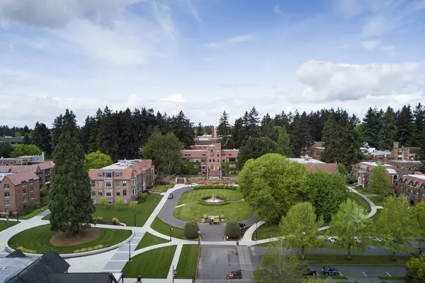 Jones Hall as seen from above campus.