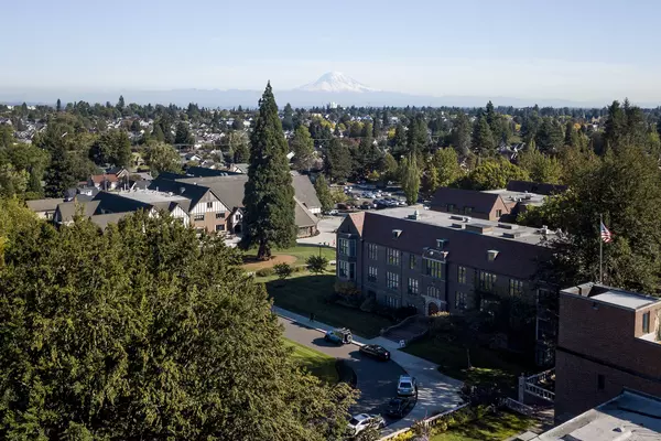 Campus seen from the air, with the giant sequoia in the foreground and Mount Rainier in the distance.