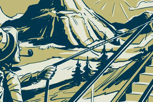 Illustration of mountain scene with a pair of climbers scaling an escalator with ropes to get to the wilderness