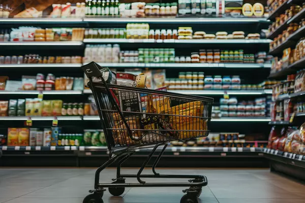 Shopping cart and shelves of products in a store (royalty free image from Pixabay)