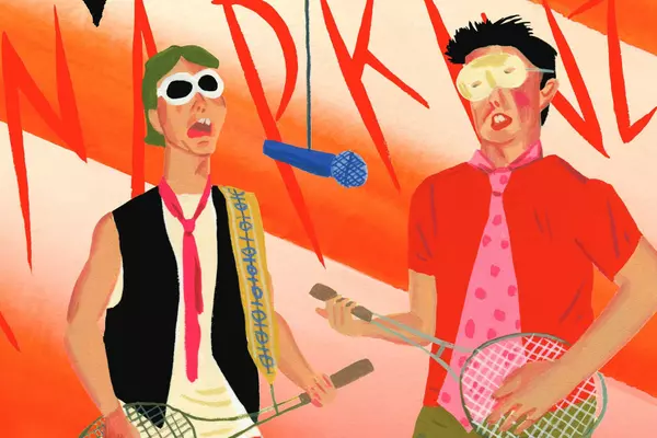 Illustrated image of two men dressed in T-shirts with ties and sunglasses using tennis racquets for guitars; the stylized word KNAPKINZ is in the background