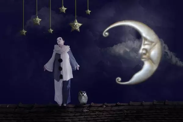 Clown, owl, and moon scape