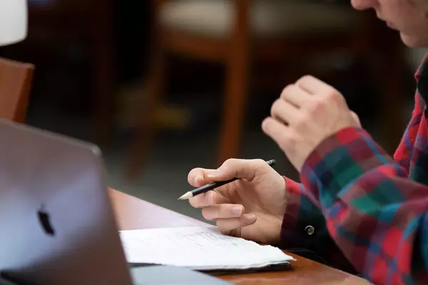 Student works in Collins Memorial Library