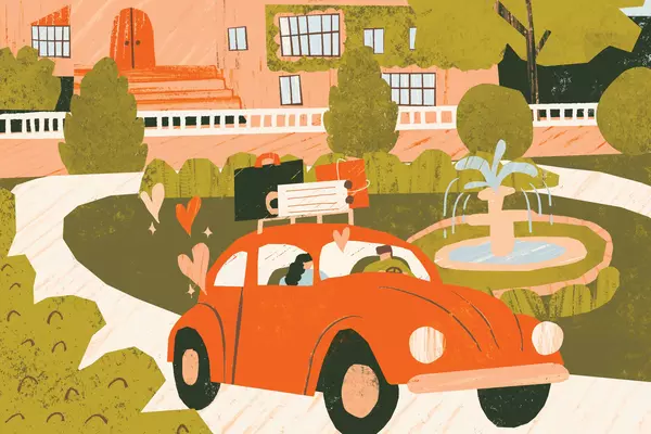 An illustration of a VW Bug loaded down with suitcases driving away from Jones Hall with hearts in its wake.