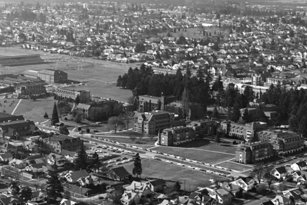College of Puget Sound aerial view from the northeast, circa 1968.