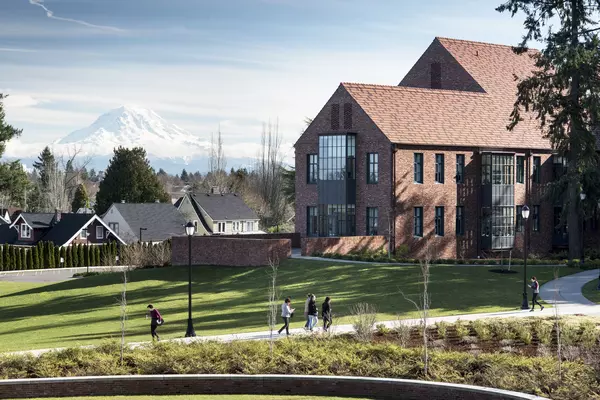 Weyerhaeuser Hall with Mount Rainier in the background