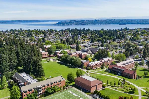 Aerial view of campus with Commencement Bay in the background
