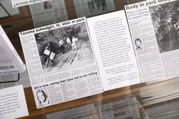 Newspaper articles about two Tacoma homicides from the 1980s for a summer research project by Anna Brown ’26.