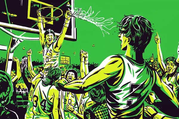 1976 NCAA Division II men's basketball champions. Illustration by Jonathan Carlson.
