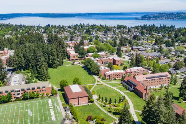 Drone's eye view of campus looking northeast toward Commencement Bay.