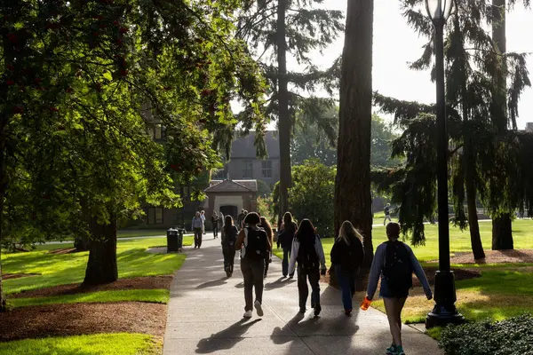 Group of students walking in the President's woods.