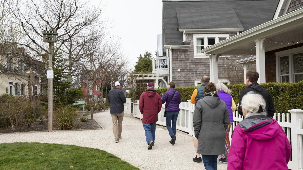 Group of people walking in a residential area