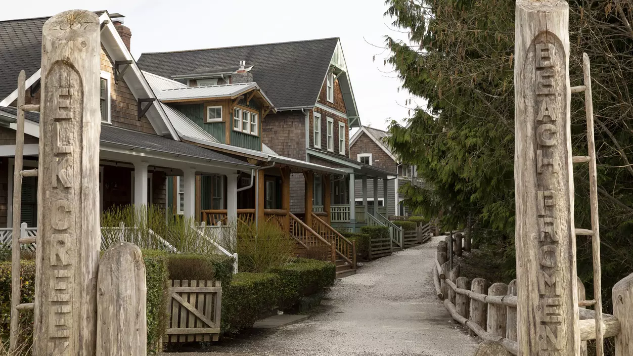 Houses in a row along a walking path