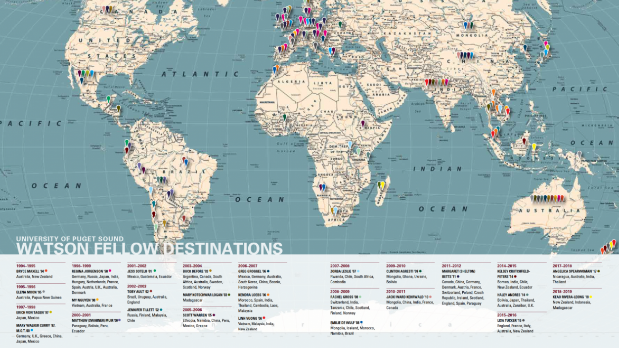 A map indicating Watson fellowship locations all over the world