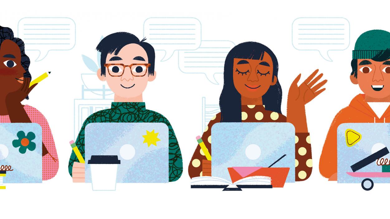 Illustration of four people with laptops