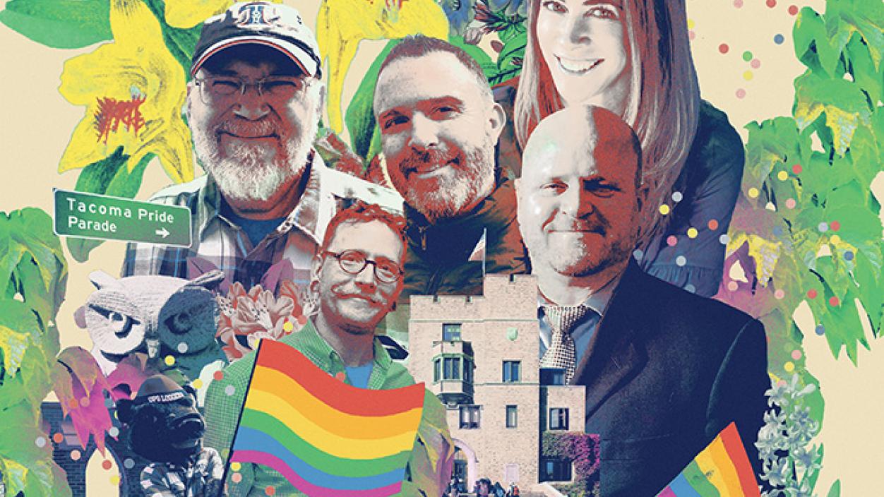 Illustration montage of people and pride rainbow flags