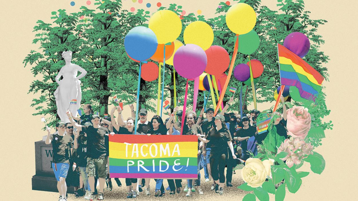 Illustration of a group of people holding a Tacoma Pride banner and balloons