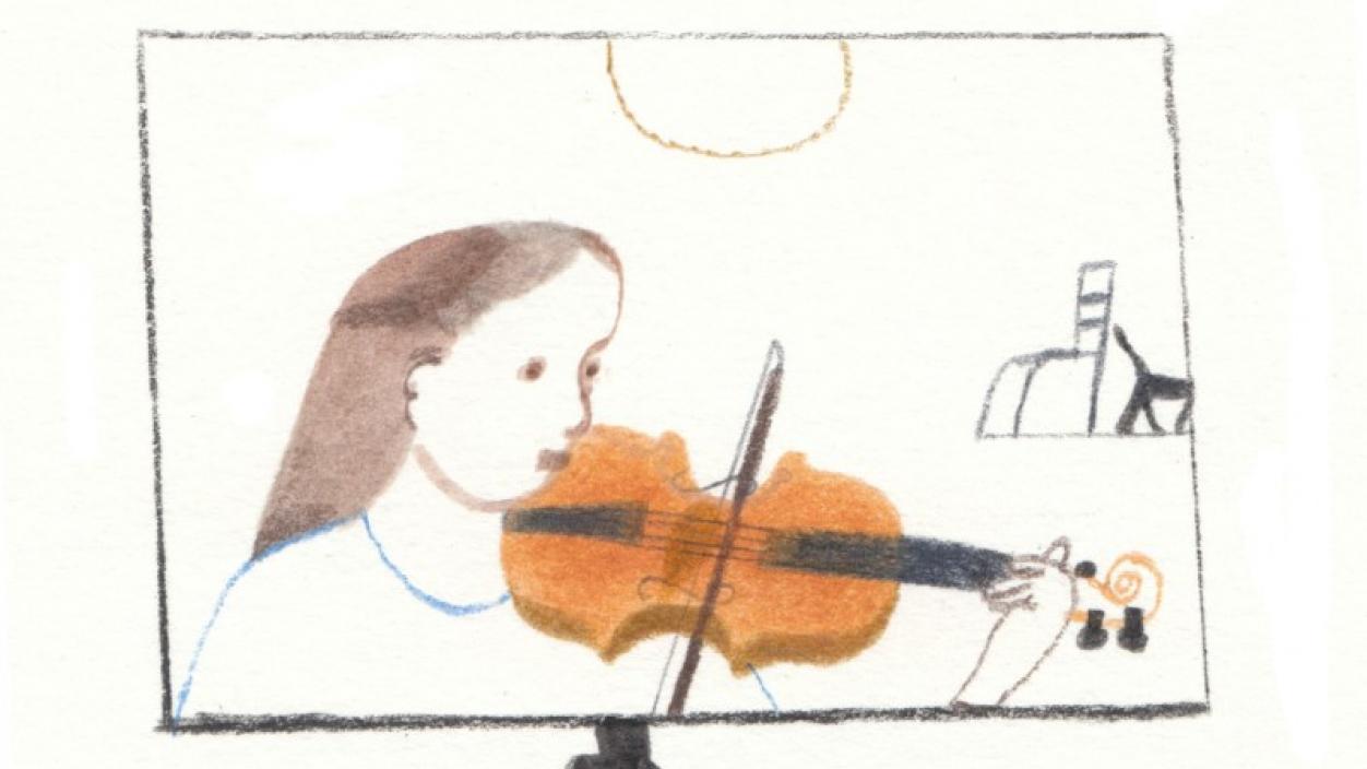 Drawing of a violinist on a computer monitor