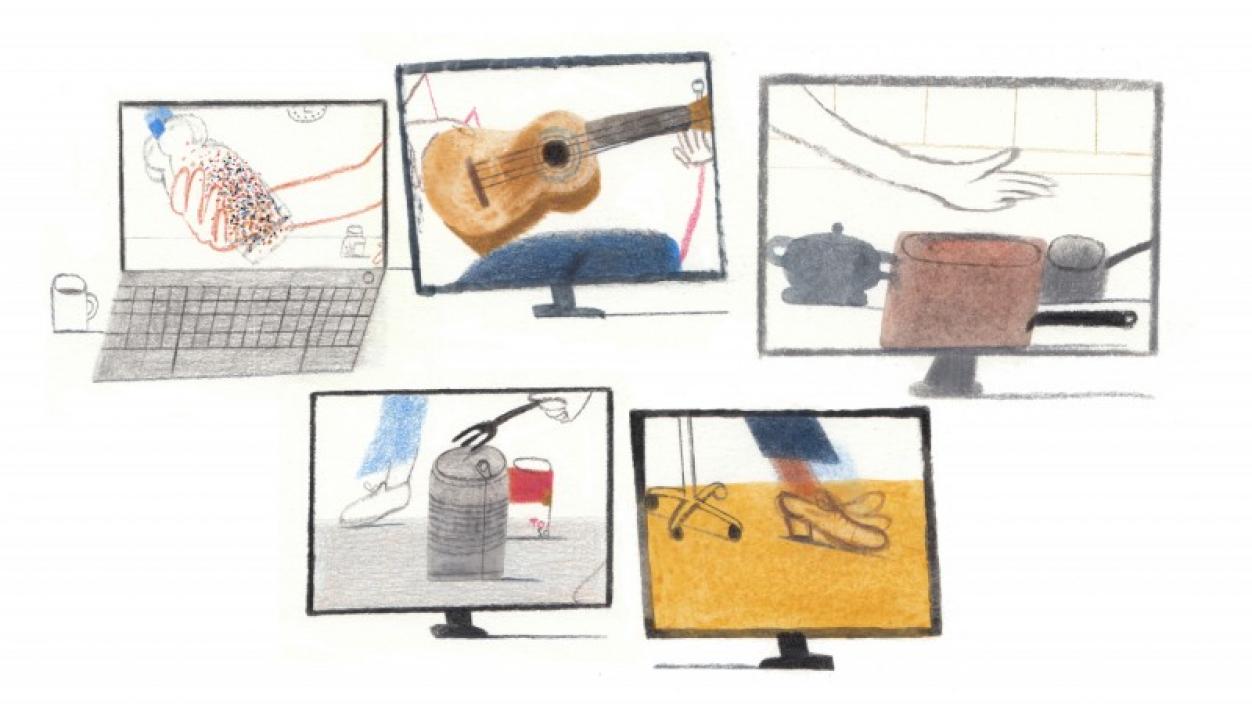 Drawing of a laptop and four monitors showing musical instruments