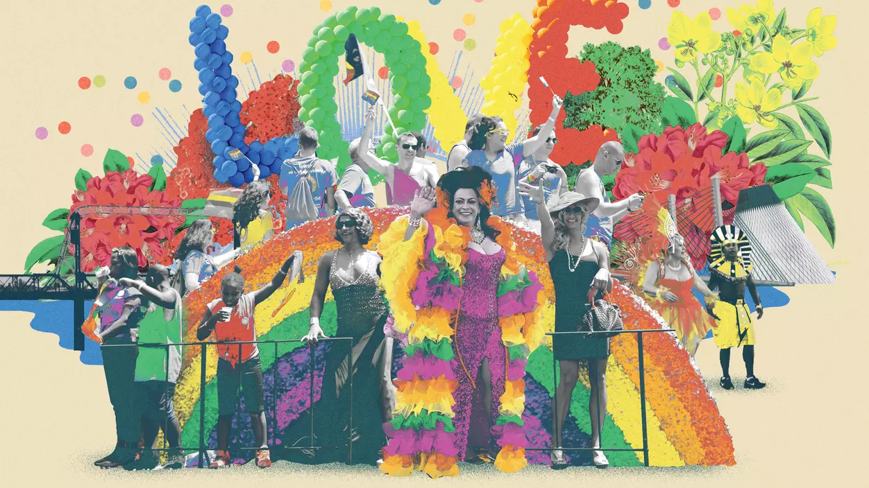 Colorful illustration of a group of Pride parade participants
