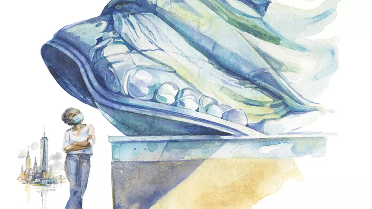 Illustration of the Statue of Liberty's foot poised above a young woman standing next to the statue