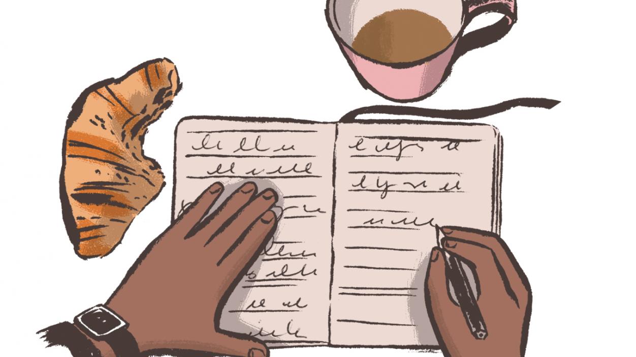 Illustration of two hands holding open and writing in a journal with a croissant and cup of coffee nearby