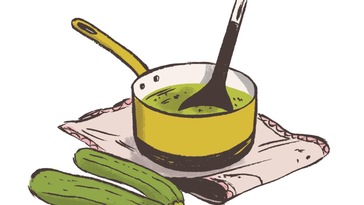 Illustration of a cooking pot with vegetables next to it