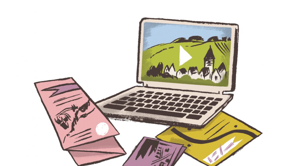 Illustration of an open laptop with travel brochures strewn about it